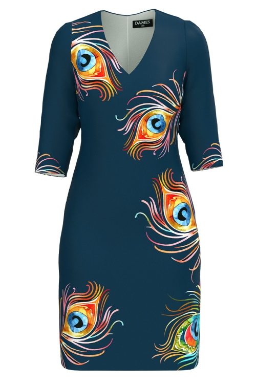 Rochie casual petrol cu decolteu in V imprimata paun