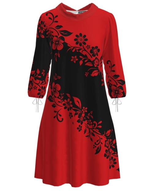 Rochie casual rosie cu maneca trei sferturi imprimata cu model floral CMD3540