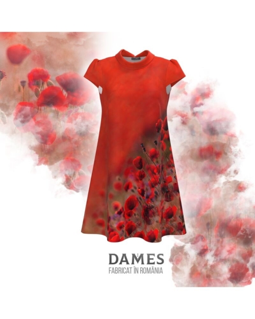 Rochie casual rosu corai imprimata digital cu model Maci CMD916 - Img 2