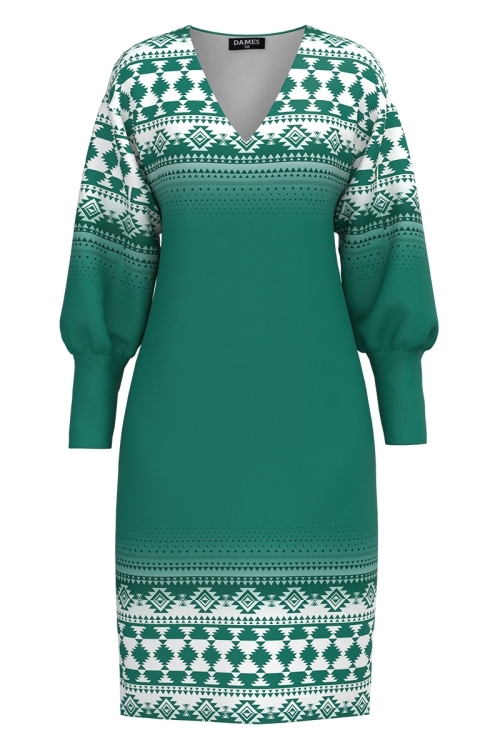 Rochie casual verde din catifea cu imprimeu traditional