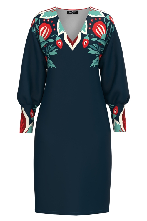 Rochie casual verde petrol din catifea cu imprimeu floral