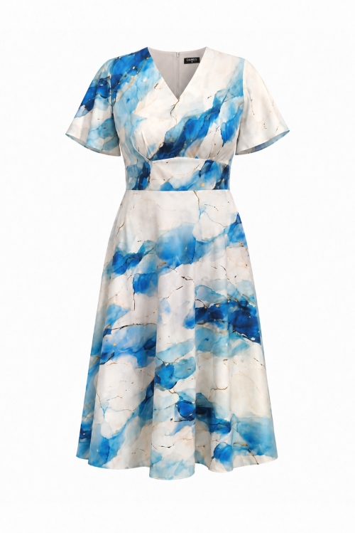Rochie clos cu buzunare din crepe Acuarela albastra