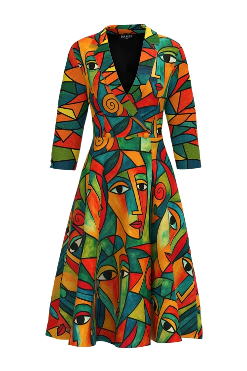 Rochie clos tip pardesiu petrecuta cu buzunare imprimata Picassela