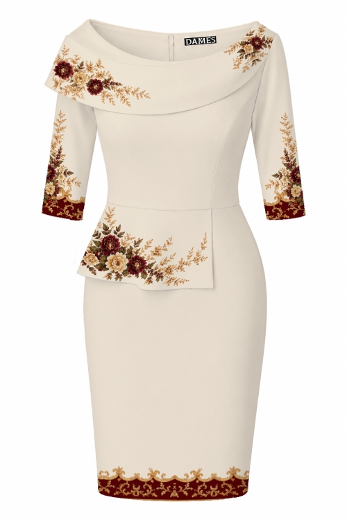 Rochie conica ivory cu volan si detaliu floral Royal Garden