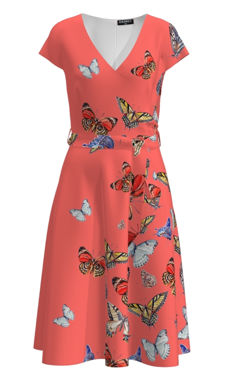 Rochie corai eleganta de vara cu maneca scurta si imprimeu Fluturi