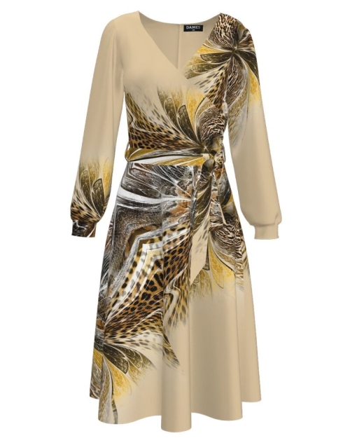 Rochie crem eleganta cu maneca lunga imprimata animal print CMD1585 - Img 1