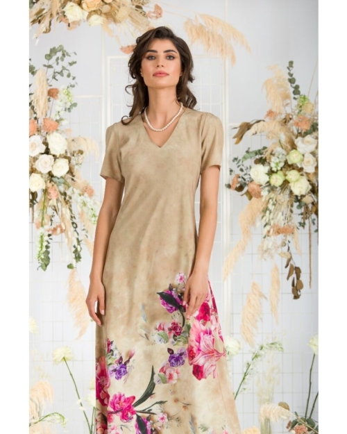 Rochie de vara bej lunga cu buzunare imprimata digital Floral CMD723 - Img 5