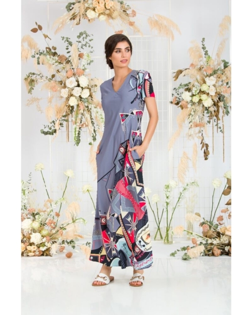 Rochie de vara gri lunga cu buzunare imprimata digital Abstract CMD718 - Img 2