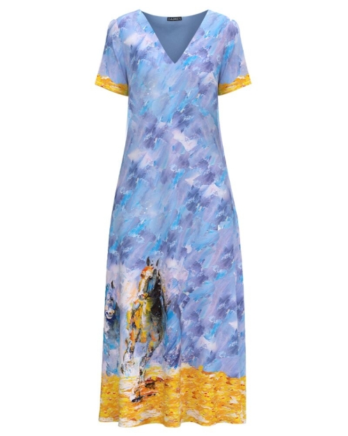 Rochie de vara lunga cu buzunare imprimata in nuante de albastru