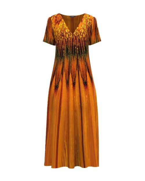 Rochie de vara lunga cu buzunare imprimata in nuante de ocru CMD912