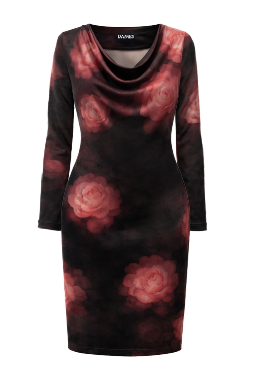 Rochie din catifea grena cu imprimeu floral