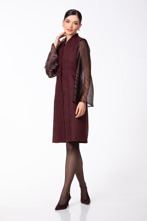 Rochie din catifea reiata cu maneci din organza imprimata - Img 2