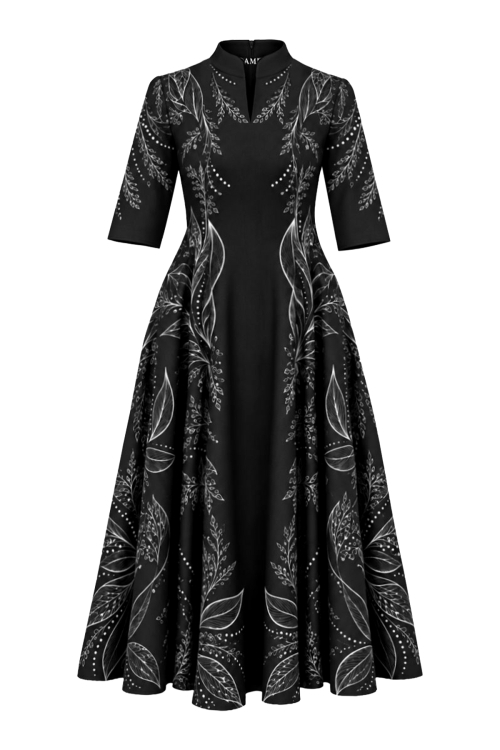 Rochie din in clos cu guler inalt si decolteu in V Armonie Monocroma