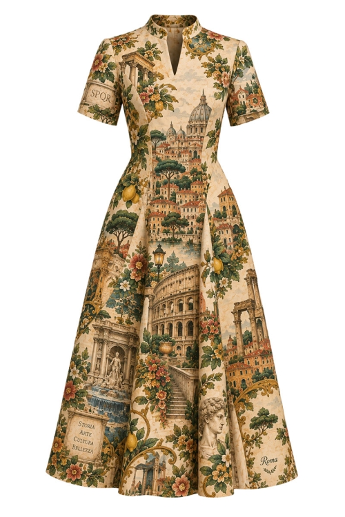 Rochie din in clos cu guler inalt si decolteu in V Cartoline Roma