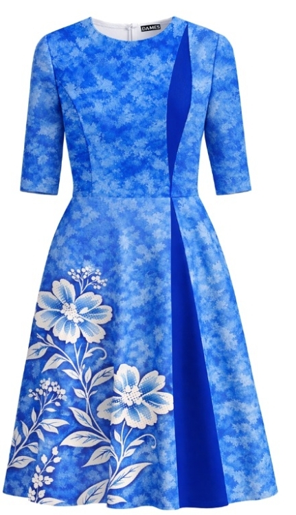 Rochie eleganta albastra clos cu sectiune in contrast