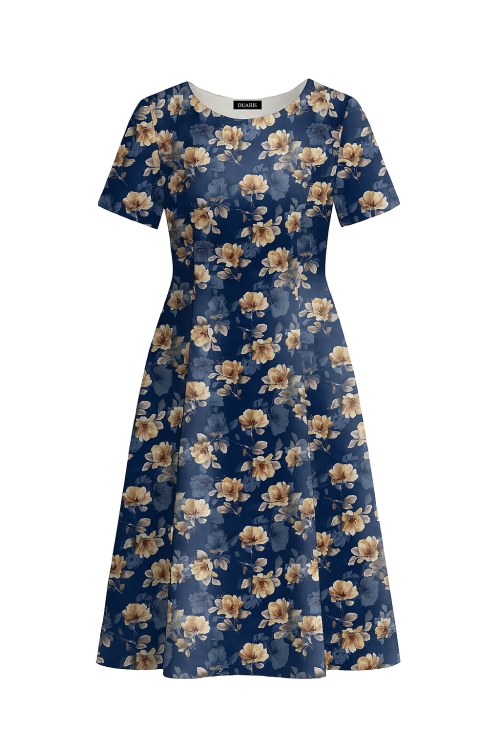 Rochie eleganta albastra din crepe imprimata floral