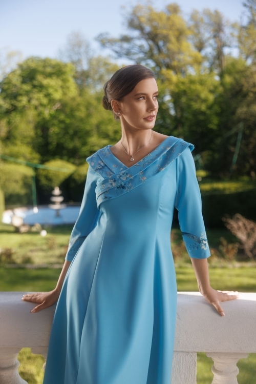 Rochie eleganta bleu imprimata floral in clini cu decolteu fronsat - Img 2
