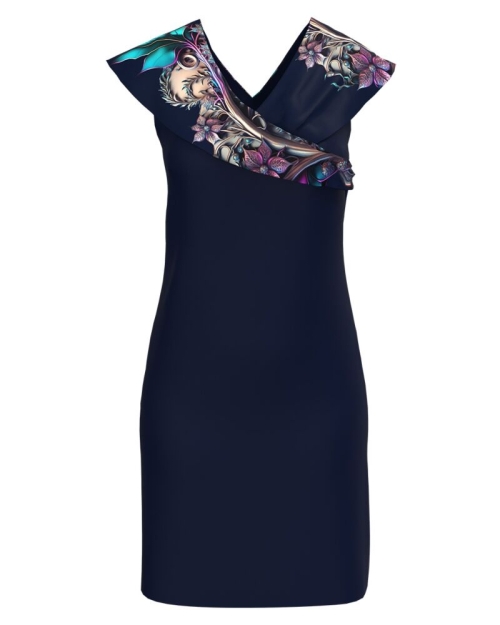 Rochie eleganta bleumarin cu decolteu si detalii pe umeri
