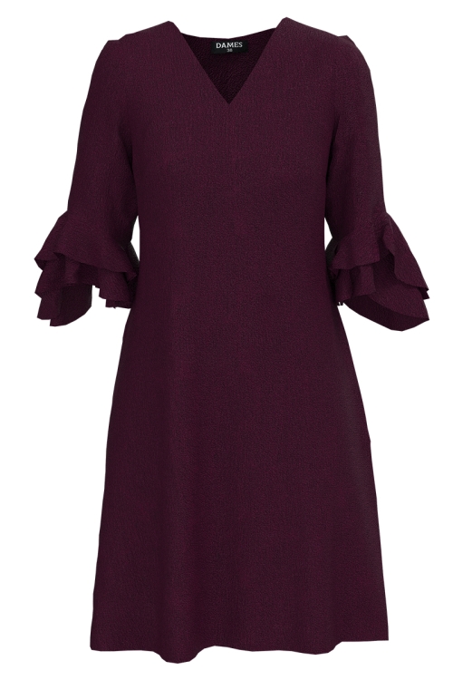 Rochie eleganta bordo cu maneci trei sferturi cu volane