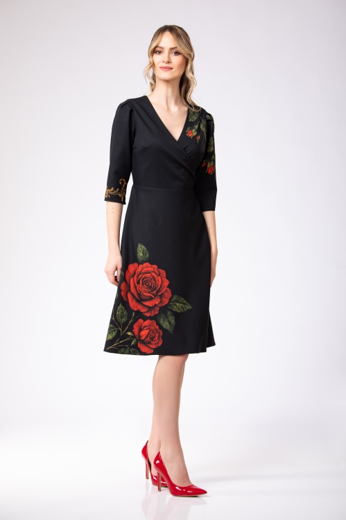 Rochie eleganta cu bust petrecut imprimata Noir Rose - Img 3