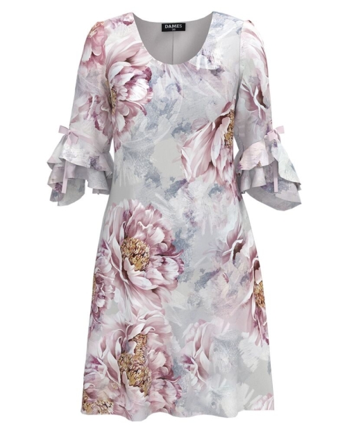 Rochie eleganta cu imprimeu floral si maneci trei sferturi cu volane