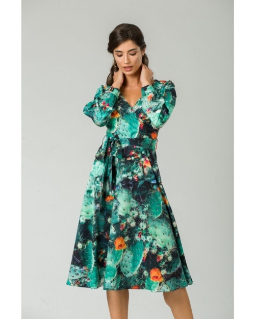 Rochie eleganta cu maneca lunga imprimata Flori de cactus CMD228 - Img 2