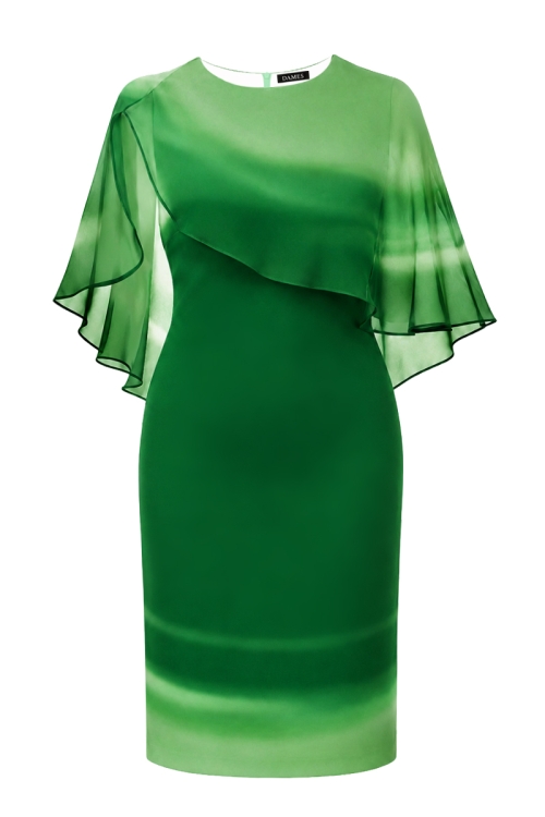 Rochie eleganta cu pelerina din organza imprimata degrade verde
