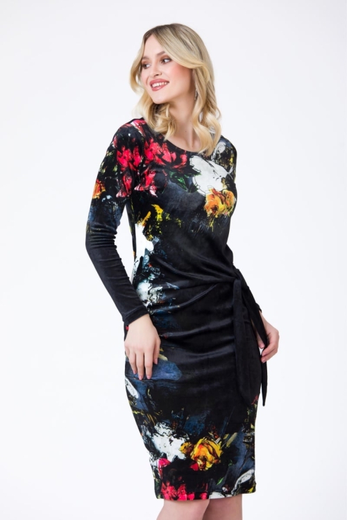 Rochie eleganta din catifea neagra cu imprimeu floral AW24 Stoc - Img 2