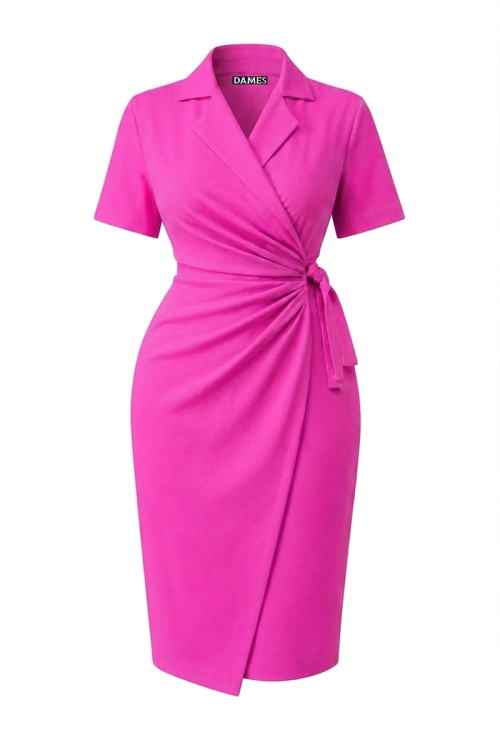 Rochie eleganta fucsia parte peste parte cu maneca scurta