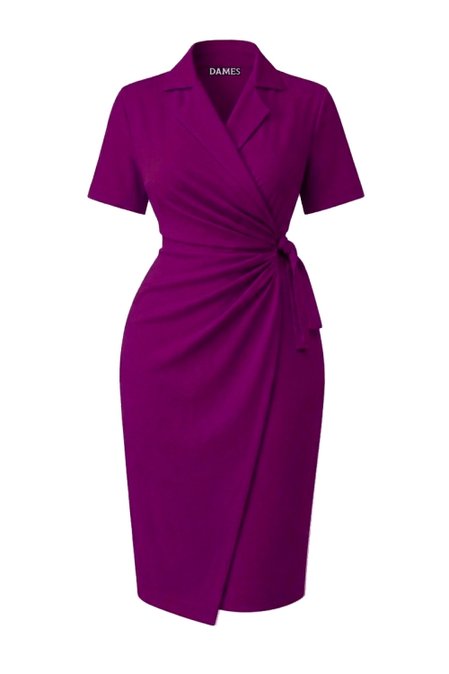Rochie eleganta magenta parte peste parte cu maneca scurta