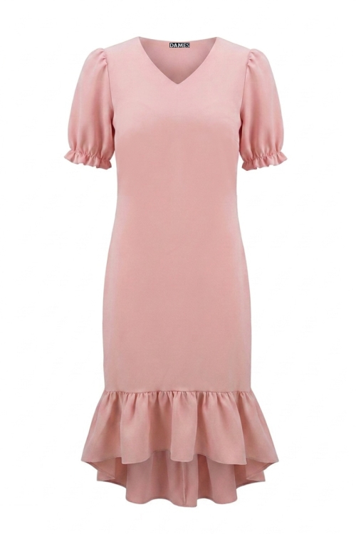 Rochie eleganta roz cu volan asimetric la terminatie