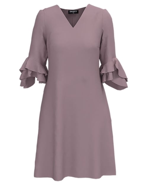 Rochie eleganta roz prafuit cu maneci trei sferturi cu volane