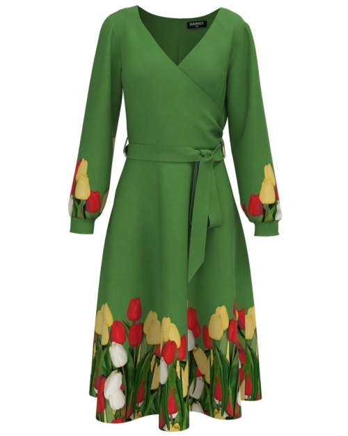 Rochie eleganta verde cu maneca lunga imprimata Lalele CMD2490 - Img 1