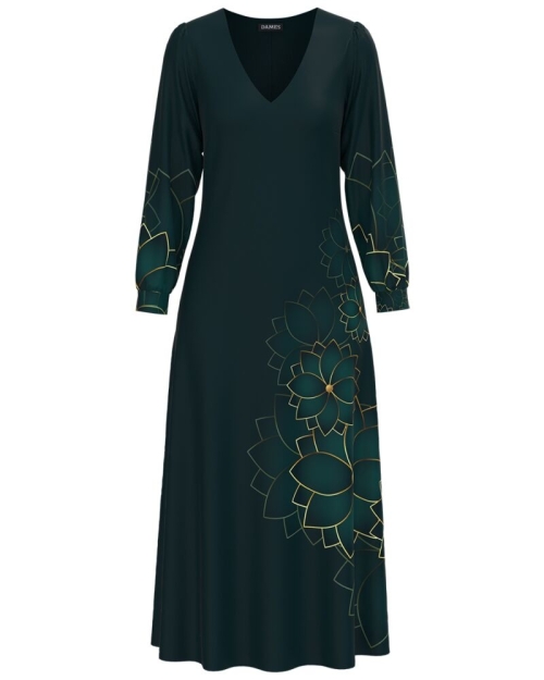 Rochie eleganta verde cu maneca lunga si imprimeu Floral CMD1325