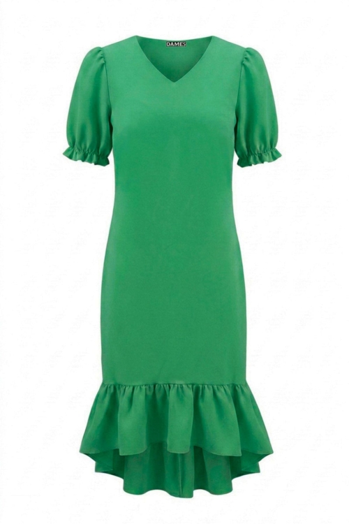 Rochie eleganta verde cu volan asimetric la terminatie