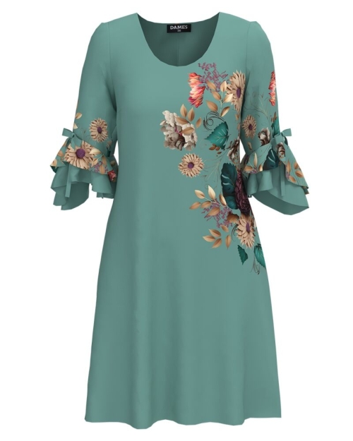 Rochie eleganta vernil cu imprimeu floral și maneci trei sferturi cu volane