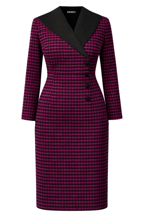 Rochie fucsia in patratele cu guler sal si nasturi in contrast