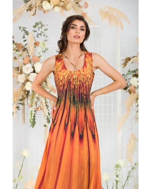 Rochie lunga casual de vara cu buzunare imprimata in nuante de ocru CMD797 - Img 6