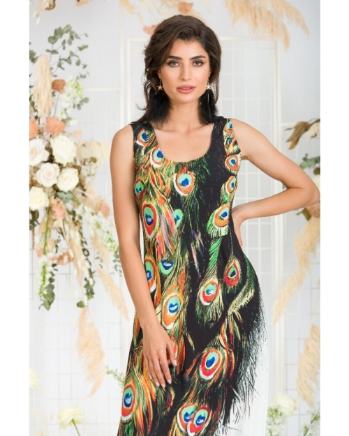 Rochie lunga casual de vara cu buzunare, multicolora imprimata cu model paun CMD805 - Img 6