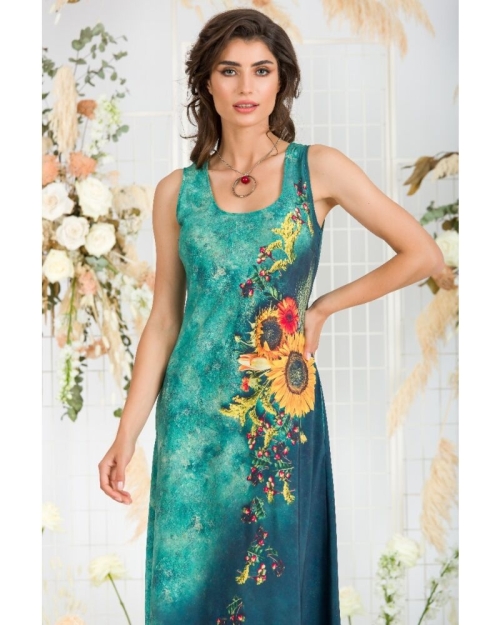 Rochie lunga casual de vara cu buzunare,verde imprimata cu model Floarea soarelui CMD802 - Img 6