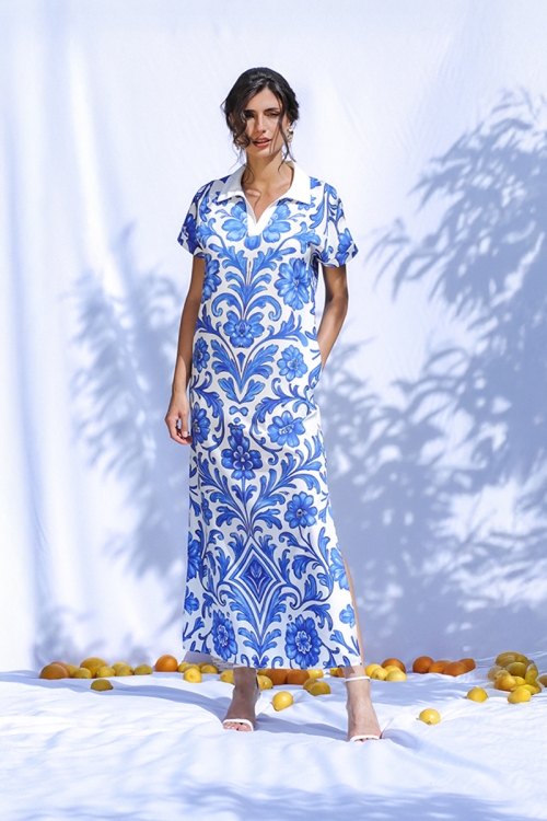 Rochie lunga de vara cu buzunare imprimata albastru floral - Img 1