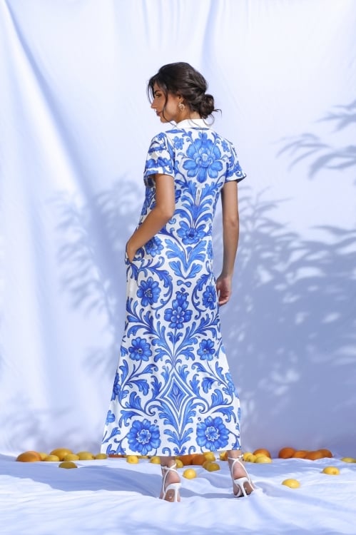 Rochie lunga de vara cu buzunare imprimata albastru floral - Img 4