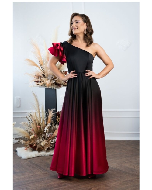 Rochie lunga eleganta din satin imprimat in degrade cu detaliu pe umar CMD4587 - Img 3