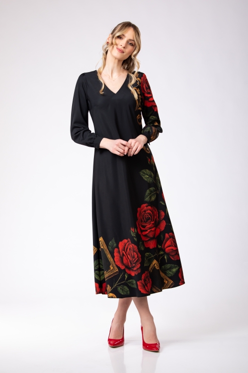 Rochie lunga imprimata Noir Rose - Img 2