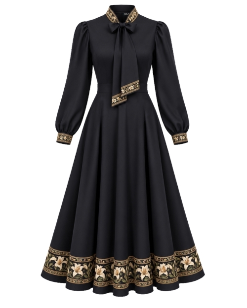 Rochie neagra cu guler esarfa si imprimeu floral ornamental