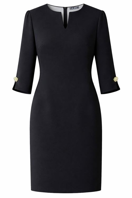 Rochie neagra cu maneci accesorizate cu nasture bijuterie