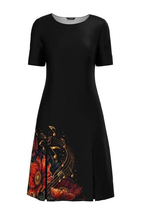 Rochie neagra cu pliuri imprimata simfonia florilor