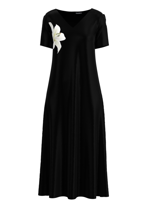 Rochie neagra de vara lunga cu buzunare imprimata Crini