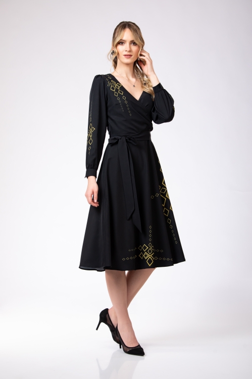 Rochie neagra eleganta cu maneca lunga imprimata Infinit