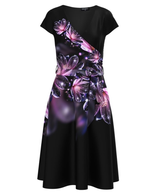 Rochie neagra eleganta de vara cu maneca scurta imprimata floral CMD4357